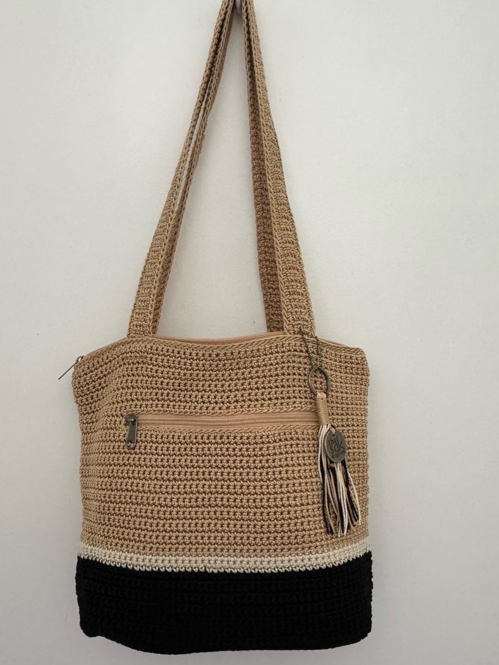 The Sak Crocheted Shoulder Tote hobo in Beige and Black with Tassel boho